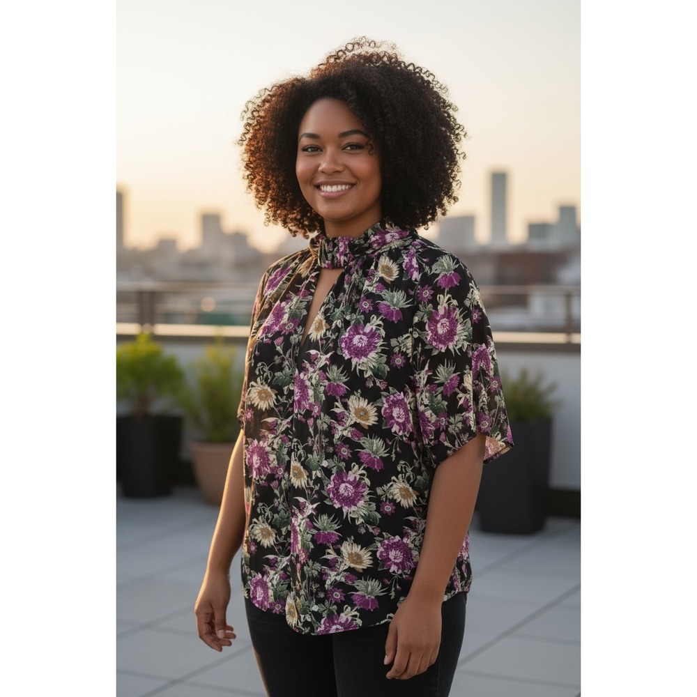 Rachel Roy Floral Print Blouse 2X Black Purple Green Tie‎ Neck Keyhole